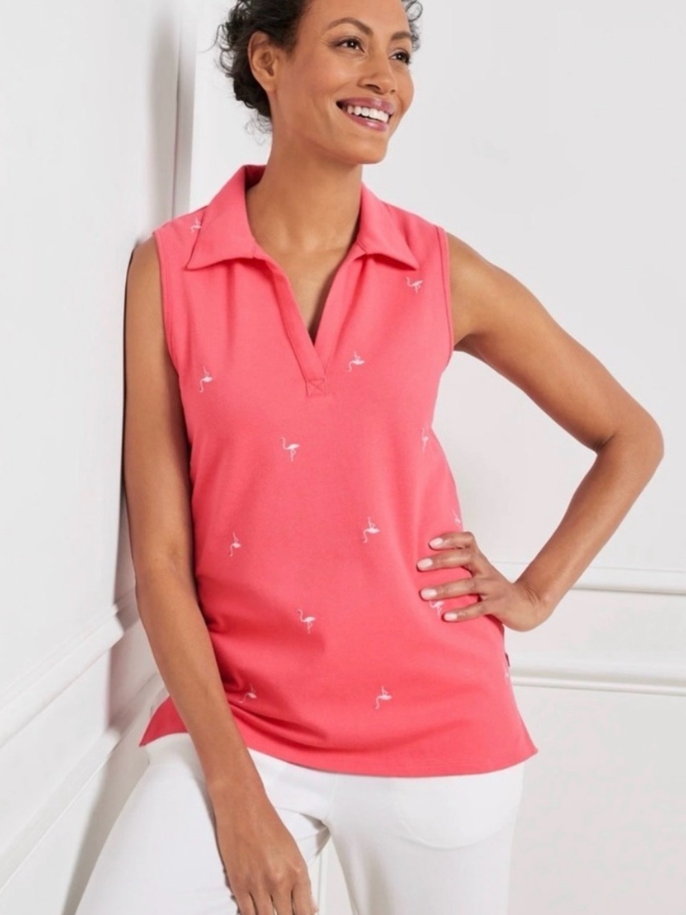 TALBOTS UPF 50+ Piqué Sleeveless Polo - Embroidered Flamingo Lovely Coral XLp